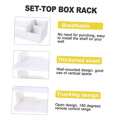 Heavy Duty Wall Mount Router Holder And Cable Management Rack With No Drill Quick Install And Thick Plate Storage Shelf For Your Home Office Setup Plus Sweet Ventilation And Solid Grip, white wall-mounted shelf design.