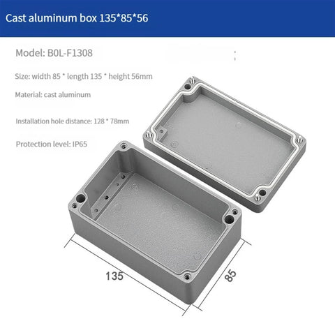 Front view of two-piece cast aluminum junction box, 135x85x56 mm, IP65 outdoor enclosure