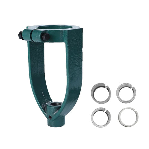 Mortising Attachment for Drill Press With Bench Locator Kit and rings, cast iron and steel construction for woodworking.