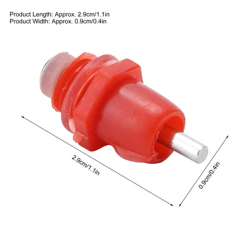 Real Deal 100 Pack Stainless Steel Poultry Water Nipplers With Heavy Duty Screw Mount Base For Backyard Chickens And Farm Flock Smooth Operation 360 Splash Free Drinking Auto Fill Setup close-up view of a red poultry nipple drinker.