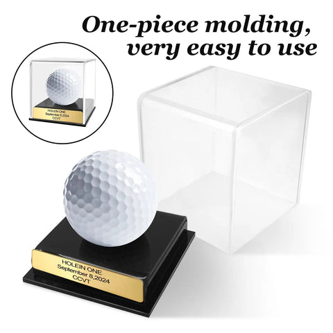 Hole In One Golf Display Case With Acrylic Ball Holder And Custom Engraved Plaque, Go-To Gift For The Golfer, Golden Finish