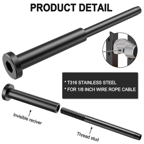 Product detail of 40 Pack One Eighth Inch Invisible Cable Railing Kit For 2x2 And 4x4 Posts With Black Stainless Steel Receiver And Swage