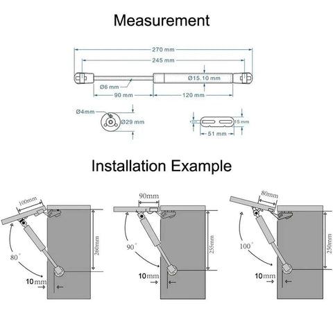 Measurement and installation example of Heavy Duty 10 Inch Gas Spring Strut Lift Support With Brass Cover And Fixing Plate For Cabinet Doors.