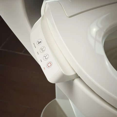 Heated Bidet Toilet Seat With Wireless Remote control panel showing buttons for warm spray and settings in biscuit color.