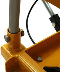 Close-up of Heavy Duty 500 Lbs Hydraulic Lift Cart With Single Scissor Table Top Lifter showing hydraulic mechanism and bolts.