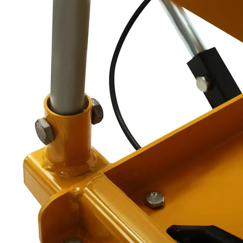 Close-up of Heavy Duty 500 Lbs Hydraulic Lift Cart With Single Scissor Table Top Lifter showing hydraulic mechanism and bolts.