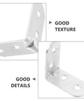 Close-up of sturdy stainless steel right angle shelf brackets 12 piece set for DIY wood frames and table legs support.