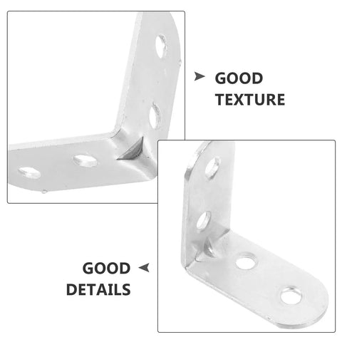 Close-up of sturdy stainless steel right angle shelf brackets 12 piece set for DIY wood frames and table legs support.