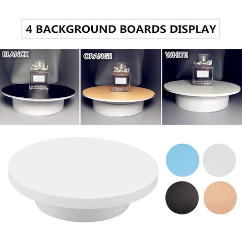 Heavy Duty Rotating Display Stand With White Plug In Remote Motorized Electric Turntable For 360 Degree Photography And Video Shoots featuring white, orange, black backgrounds.