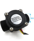 Water Flow Sensor 5-18V Hall Effect Flowmeter For DC Liquid Monitoring, 1-1/4 Inch Size, black casing, inline connectors.