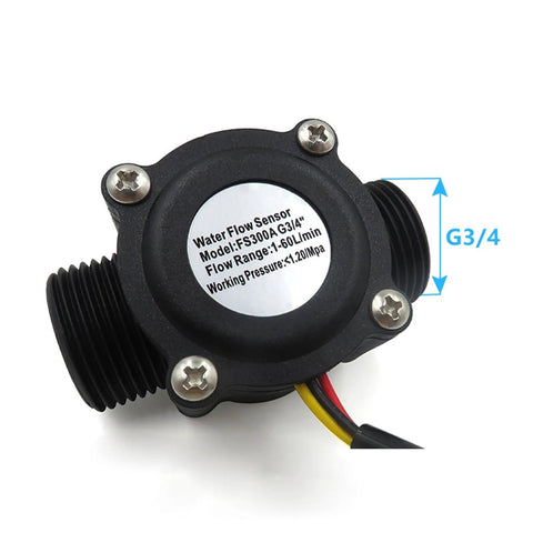Water Flow Sensor 5-18V Hall Effect Flowmeter For DC Liquid Monitoring, 1-1/4 Inch Size, black casing, inline connectors.