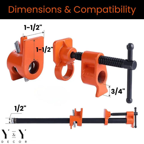 Four Pack Half Inch Pipe Clamps For Woodworking With Beefy Cast Iron Body And High Torque Lead Screw, dimensions shown