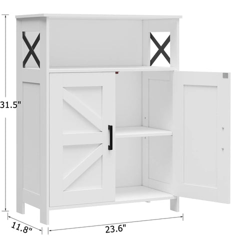 Farmhouse Style Bathroom Storage Cabinet With 2 Doors And Adjustable Shelves, Barn Door Look, open view showing interior shelves.