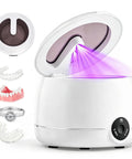 Dual Ultrasonic And UV Retainer Cleaner for dentures and Invisalign with purple UV light, 200ml tank, white color.