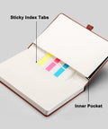 Open Everyday Carry Graph Grid Paper Notebook In A5 Size With Leather Hardcover, showing inner pocket and sticky index tabs.