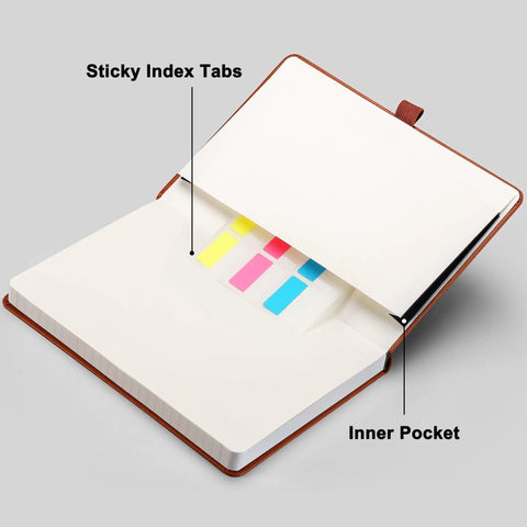 Open Everyday Carry Graph Grid Paper Notebook In A5 Size With Leather Hardcover, showing inner pocket and sticky index tabs.