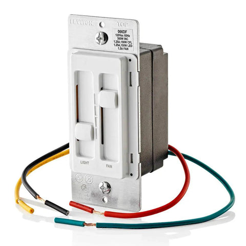 Ceiling Fan Control And Dimmer Switch With Separate Fan Speed And Light Dimmer For LED CFL Halogen And Incandescent Bulbs Plug And Play Setup White 66DF-10W, showing front panel and wiring
