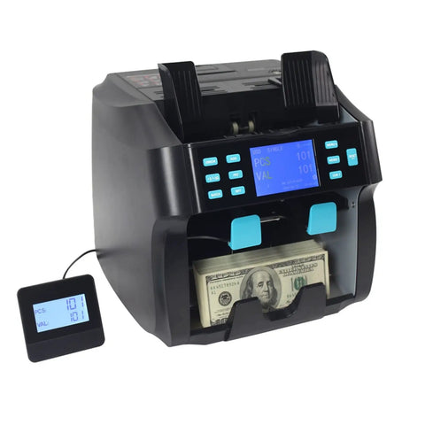 Professional Counterfeit Detector Bill Sorter Keeps Your Dough Safe With Automatic Cash Counter Machine For Mixed Denominations showing screen and cash.