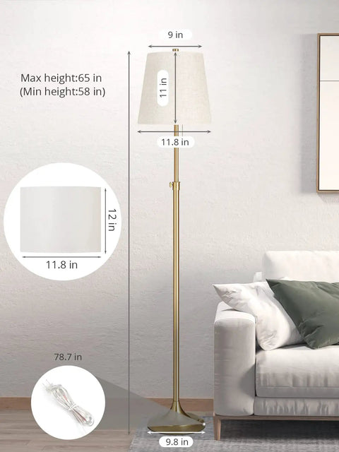 Modern Floor Lamp With Dimmable 9W LED 3 CCT Color Temp Pull Chain Adjustable 58 To 65 Inch Height Dual Linen Shades Beige Cone And Drum