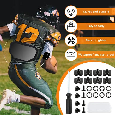 Eight Sets Heavy Duty Football Backplate Screws Chicago Screws Rig With Nuts Washers Driver For Youth Adult Shoulder Pads in use.