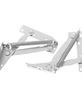 Pair Of Kickass 80 Degree Scissor Hinges For Cabinet Doors And Sofas With Spring Loaded Folding Support Heavy Duty Furniture Hardware on white background.