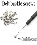 Built Tough Sixty Piece Nickel Plated Screw Kit For Leather Belts And Handbags Featuring Rust Free Carbon Steel Cross Head Fasteners In Assorted Metric Sizes With Precision Driver To Fix Your Gear In A Snap with 2mm Phillips screwdriver and assorted screws.