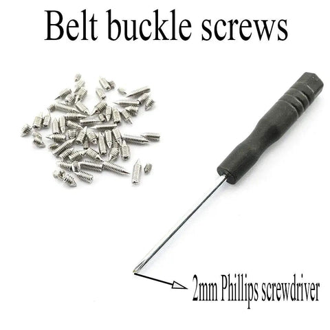 Built Tough Sixty Piece Nickel Plated Screw Kit For Leather Belts And Handbags Featuring Rust Free Carbon Steel Cross Head Fasteners In Assorted Metric Sizes With Precision Driver To Fix Your Gear In A Snap with 2mm Phillips screwdriver and assorted screws.