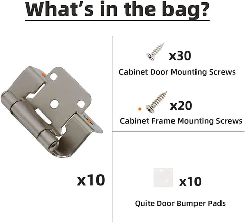 Contents of Half Inch Overlay Brushed Nickel Cabinet Hinges 10 Pack Soft-Close Semi-Wrap Face Frame Hinges for Kitchen Cabinets and Cupboards with Screws and Quiet Bumpers, including screws and bumpers, shown on white background