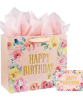 13-Inch Large Happy Birthday Gift Bag With Card And Tissue Papers Floral Design Handles Pink Perfect For Women Girls Birthday Party Gift Wrapping Ideal For Party Decor Gift Opening And Special Celebrations