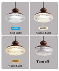Wood Grain Pendant Light, 3 Color LED Resin Hanging Fixture for Bedroom showing 3000K, 4000K, 6000K lighting options.