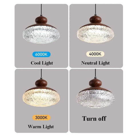 Wood Grain Pendant Light, 3 Color LED Resin Hanging Fixture for Bedroom showing 3000K, 4000K, 6000K lighting options.