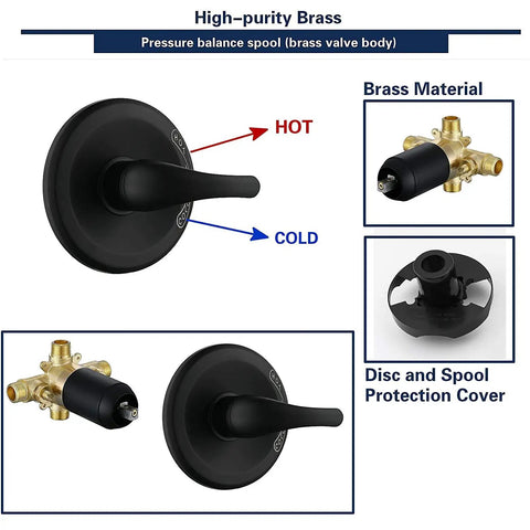 High-purity brass valve body with black hot and cold disc from Black Shower Faucet Set With Tub Spout And Handheld Showerhead Built For High Pressure With 35 Settings Dual 2 in 1 Shower Combo System Including 3 Way Diverter Trim Kit And Rough In Valve