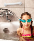 Straight Up Solid Stainless Steel Twelve Inch Bathroom Safety Grab Bar With Smooth Anti Slip Grip Perfect For Elderly Seniors Total Lifesaver Support Handle Easy Peasy Setup in bathroom with girl wearing swim goggles.