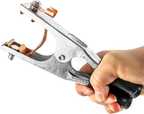 Hand holding Rugged Pro Grade Heavy Duty Welding Ground Clamp For Welder, Copper Electroplated Earth Clamp, side view.