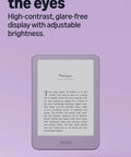Hustle Free Pocket E Reader With Edge To Edge Color Display And Next Level Six Week Battery Life Quick Load Times And Ultra Thin Design on purple background.