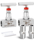 Two 304 stainless steel high-pressure straight needle valves with red adjustment nuts, 3/8 in. female NPT ports, and nipples