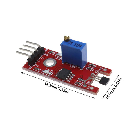 KY 024 Linear Magnetic Hall Effect Sensor Module with Adjustable Sensitivity Potentiometer, Analog/Digital Outputs, size dimensions shown.