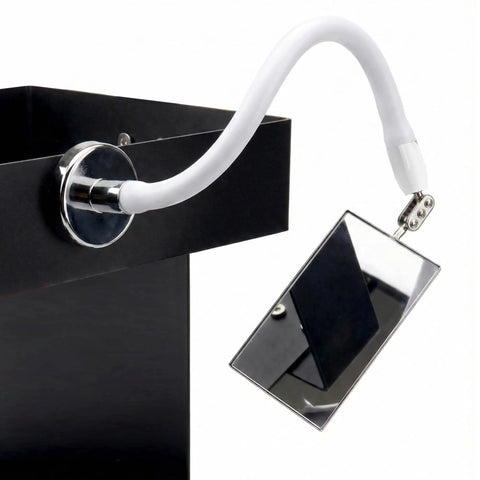 Inspection Mirror Tool With 360 Degree Swivel Adjustable Head And Telescoping Stick For Tight Spaces attached to a metal surface