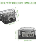 Three Way Car Audio Power Distribution Block For Amplifier Input Accepts 0, 2, And 4 AWG Wires Output Provides Three Posts For 4 And 8 AWG Wires Easy Install Nickel Plated Internals Resist Corrosion Heavy Duty Hub For Clean Power And Reduced Noise, 66x48.6x31.8mm