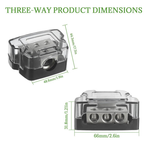 Three Way Car Audio Power Distribution Block For Amplifier Input Accepts 0, 2, And 4 AWG Wires Output Provides Three Posts For 4 And 8 AWG Wires Easy Install Nickel Plated Internals Resist Corrosion Heavy Duty Hub For Clean Power And Reduced Noise, 66x48.6x31.8mm