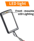 Telescoping Inspection Mirror With 360 Degree LED Rotation, front view showing LED lights and shatterproof lens for mechanics.
