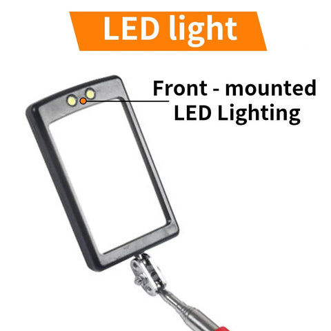 Telescoping Inspection Mirror With 360 Degree LED Rotation, front view showing LED lights and shatterproof lens for mechanics.
