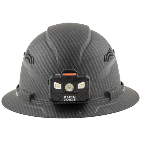 Front view of vented full brim hard hat with KARBN pattern, Class C Type 1 ANSI Z89.1 and CSA Z94.1 ready, with rechargeable LED lamp.