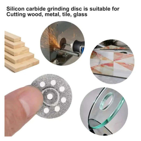 50 Piece Diamond Cutting Wheel Set For Drill Metal Cut Off Discs Compatible With Rotary Tools displayed with usage examples