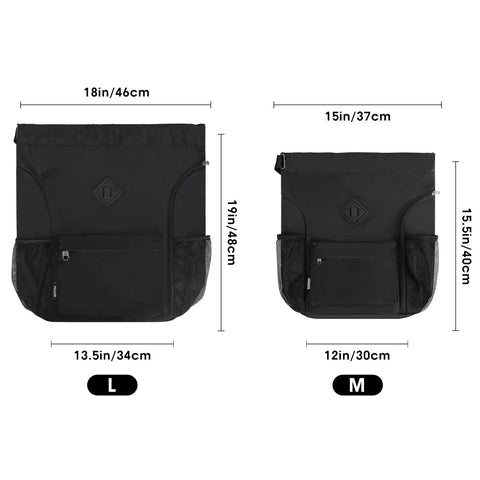 Drawstring Gym Backpack With Separate Sneaker Compartment in 19x18 in and 15x13.5 in sizes, side pockets visible
