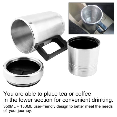 Road Trip Ready 12V Car Electric Kettle Heats Water Instantly Plugs Straight Into Cigarette Lighter with dual compartments.