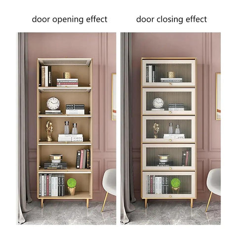 Hidden Flip Up Cabinet Door Rail Set 9.5 Inch Track Hardware installed on bookcase for smooth, quiet door opening and closing.