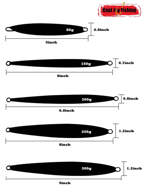 Hella Badass Saltwater Jigging Lures Set Of Three 150 Gram Speed Vertical Slow Pitch Artificial Bait Multi Color Metal Fishing Plugs dimensions chart.