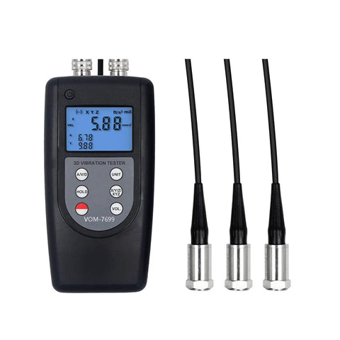 Three Channel Vibrometer Gauge Analyzer With Three Piezoelectric Transducers For Vibration Testing, handheld black unit