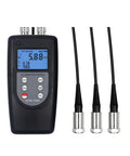 Three Channel Digital Vibration Meter Kit For On The Go Vibro Testing With Three Probes For Velocity, Acceleration, And Displacement, Includes USB Data Cable And Software. Handheld black 3D vibration tester with three metal probes.